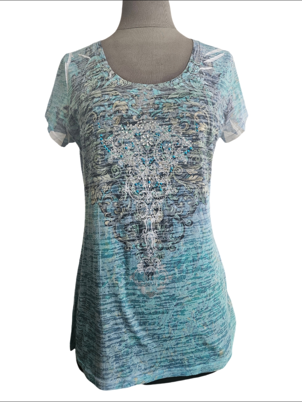 Cache Aqua Blue Short Sleeve Embellished Scoop Neck Tee